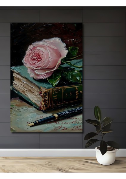 Pembe Gül ve Eski Kitap Yağlı Boya Görünümlü Ahşap Dekoratif Tablo Dikdörtgen Tablo