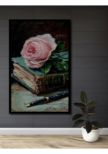 Pembe Gül ve Eski Kitap Yağlı Boya Görünümlü Ahşap Dekoratif Tablo Dikdörtgen Tablo fiyatları