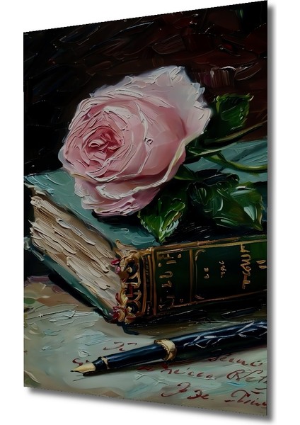 Pembe Gül ve Eski Kitap Yağlı Boya Görünümlü Ahşap Dekoratif Tablo Dikdörtgen Tablo modelleri