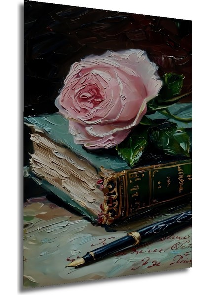 Pembe Gül ve Eski Kitap Yağlı Boya Görünümlü Ahşap Dekoratif Tablo Dikdörtgen Tablo fırsatları