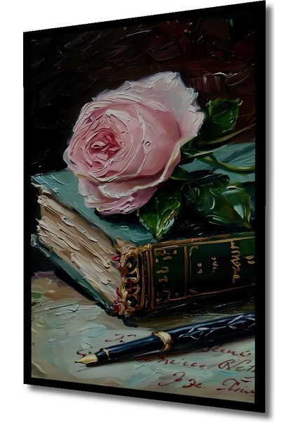 Pembe Gül ve Eski Kitap Yağlı Boya Görünümlü Ahşap Dekoratif Tablo Dikdörtgen Tablo indirimleri