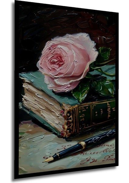 Pembe Gül ve Eski Kitap Yağlı Boya Görünümlü Ahşap Dekoratif Tablo Dikdörtgen Tablo