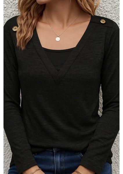 Kadın Uzun Kollu V Yaka Düğme Detaylı Yumoş Bluz fiyatları