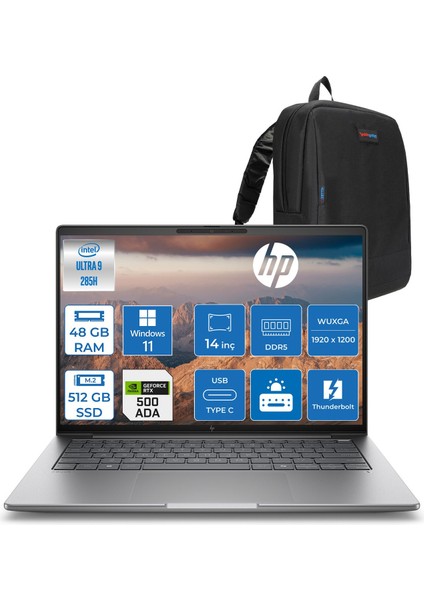 Zbook 8 G1I Ultra 9 285H 48GB Ddr5 512GB SSD 4GB/RTXA500 14" Wuxga 300 Nit Windows 11 Pro Taşınabilir Iş Istasyonu B30HPESP17 + Zettaçanta