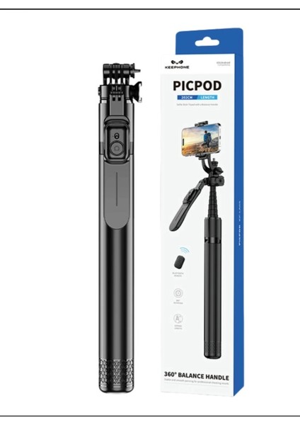 KP-LA05 Picpod 360 Derece Ayarlanabilir 202CM Bt Selfie Çubuğu - Siyah modelleri