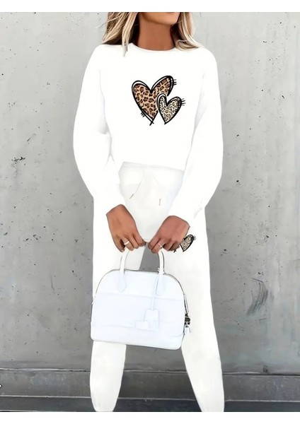 Kadın Uzun Kollu Bisiklet Yaka Kalp Desenli Şardonlu Üç Iplik Bluz ve Pantolon Ikili Takım fiyatları