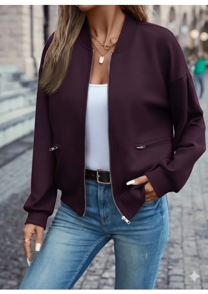 Kadın Uzun Kollu Önden Fermuarlı Cepli Modal Mürdüm Ceket