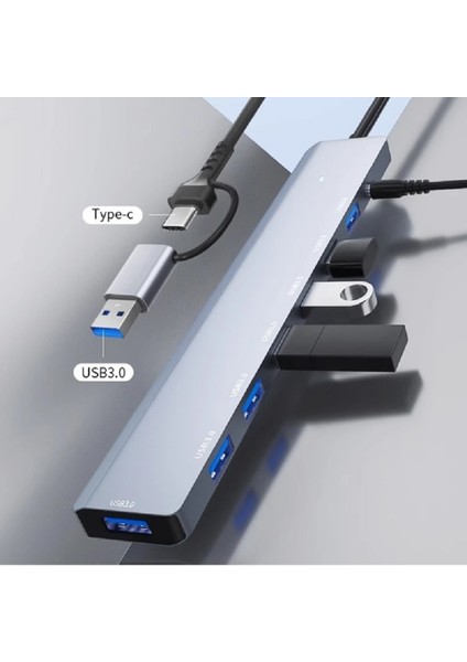 7 In 1 USB 5 gbps ve Type-C To USB A + Type-C USB 3.0 Çevirici Adaptör Çok Portlu Çoklayıcı USB Hub