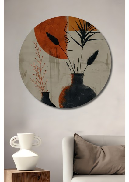 Portre Vazo Bitki Yağlı Boya Görünümlü Soyut Sanat Ahşap Dekoratif Tablo Yuvarlak Tablo