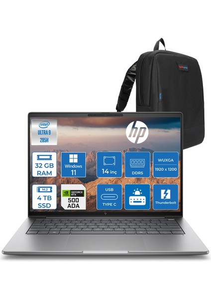 Zbook 8 G1I Ultra 9 285H 32GB Ddr5 4tb SSD 4GB/RTXA500 14" Wuxga 300 Nit Windows 11 Pro Taşınabilir Iş Istasyonu B30HPESP12 + Zettaçanta