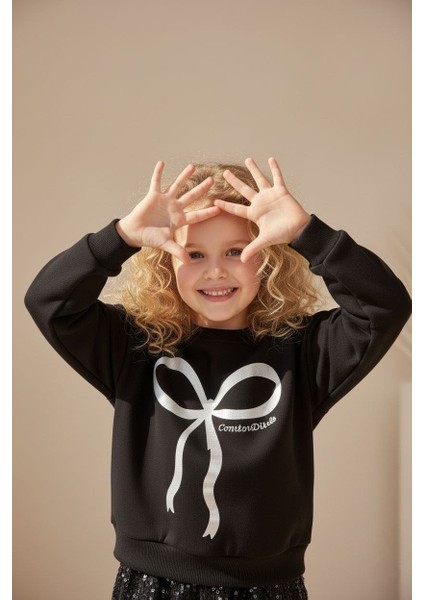 2-10 Yaş Kız Çocuk Siyah Fiyonk Baskılı Sweatshirt ve Pul Payetli Mini Etek Ikili Takım fiyatları