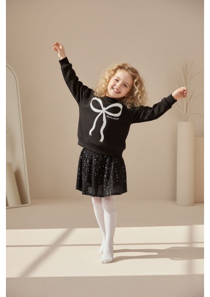 2-10 Yaş Kız Çocuk Siyah Fiyonk Baskılı Sweatshirt ve Pul Payetli Mini Etek Ikili Takım modelleri