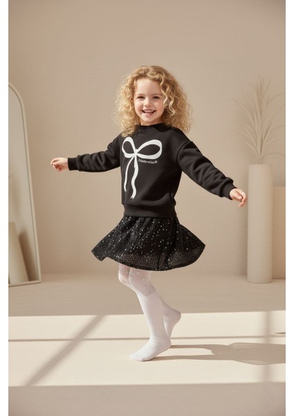2-10 Yaş Kız Çocuk Siyah Fiyonk Baskılı Sweatshirt ve Pul Payetli Mini Etek Ikili Takım fırsatları