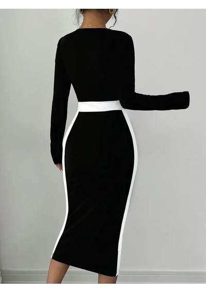 Kadın Uzun Kollu Geometrik Yaka Midi Ithal Krep Elbise fiyatları