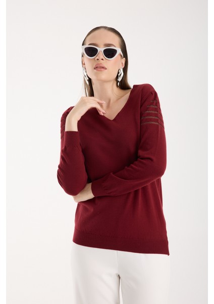 Kadın Bordo Simli Kumaş Detaylı V Yaka Triko Bluz