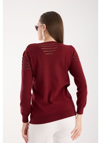 Kadın Bordo Simli Kumaş Detaylı V Yaka Triko Bluz fiyatları