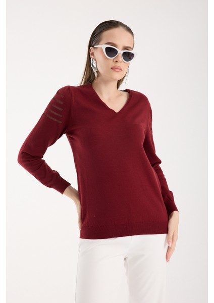 Kadın Bordo Simli Kumaş Detaylı V Yaka Triko Bluz modelleri