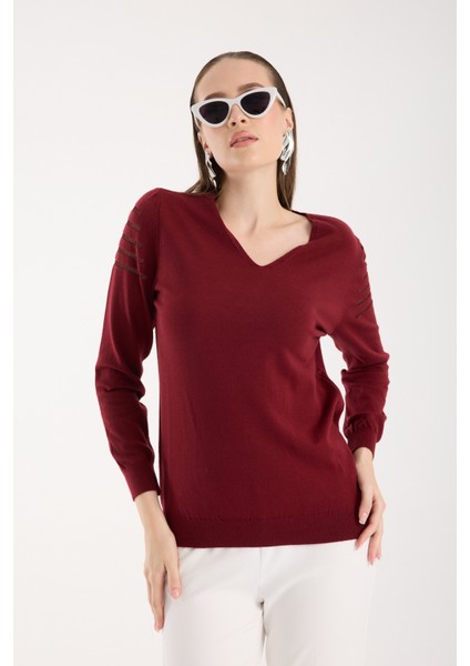 Kadın Bordo Simli Kumaş Detaylı V Yaka Triko Bluz fırsatları