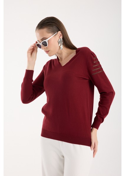 Kadın Bordo Simli Kumaş Detaylı V Yaka Triko Bluz indirimleri