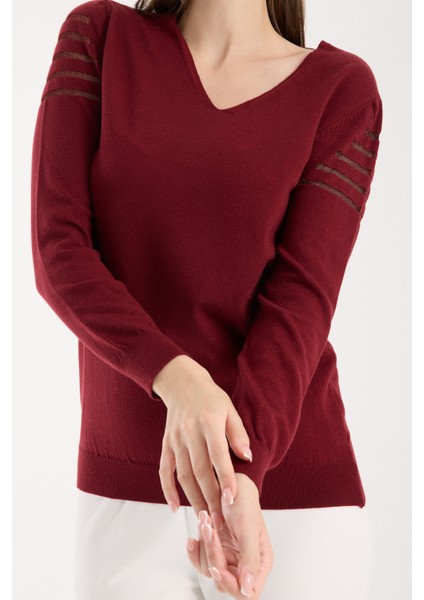 Kadın Bordo Simli Kumaş Detaylı V Yaka Triko Bluz