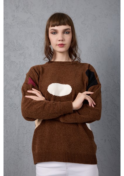 Kadın Acı Kahve Şönil Kadife Renk Bloklu Bisiklet Yaka Triko Kazak