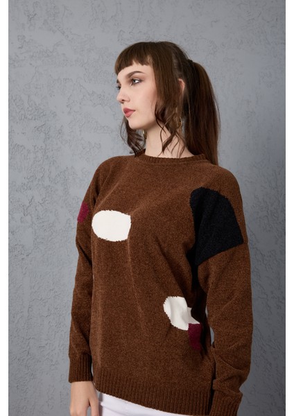Kadın Acı Kahve Şönil Kadife Renk Bloklu Bisiklet Yaka Triko Kazak fiyatları
