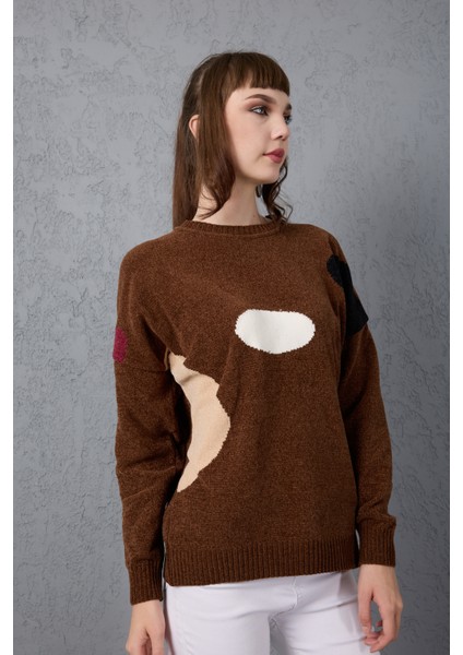 Kadın Acı Kahve Şönil Kadife Renk Bloklu Bisiklet Yaka Triko Kazak modelleri