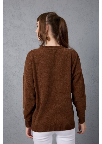 Kadın Acı Kahve Şönil Kadife Renk Bloklu Bisiklet Yaka Triko Kazak fırsatları