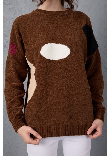 Kadın Acı Kahve Şönil Kadife Renk Bloklu Bisiklet Yaka Triko Kazak indirimleri