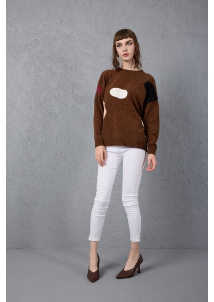 Kadın Acı Kahve Şönil Kadife Renk Bloklu Bisiklet Yaka Triko Kazak