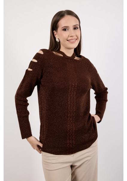 Kadın Acı Kahve Omuzları Kesik Detaylı Reglan Kollu Simli Triko Kazak fiyatları