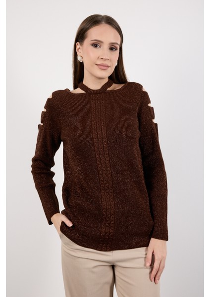 Kadın Acı Kahve Omuzları Kesik Detaylı Reglan Kollu Simli Triko Kazak modelleri