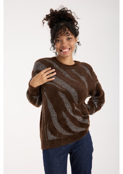 Kadın Acı Kahve Simli Sakal Iplik Balon Kollu Bisiklet Yaka Triko Kazak