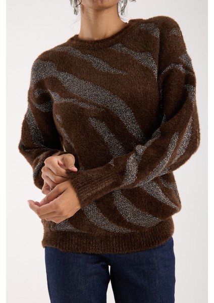 Kadın Acı Kahve Simli Sakal Iplik Balon Kollu Bisiklet Yaka Triko Kazak modelleri