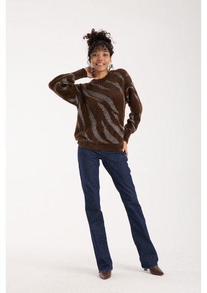 Kadın Acı Kahve Simli Sakal Iplik Balon Kollu Bisiklet Yaka Triko Kazak