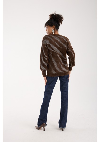 Kadın Acı Kahve Simli Sakal Iplik Balon Kollu Bisiklet Yaka Triko Kazak