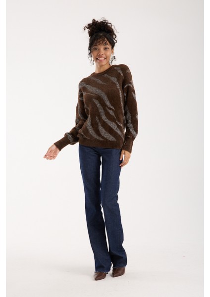 Kadın Acı Kahve Simli Sakal Iplik Balon Kollu Bisiklet Yaka Triko Kazak