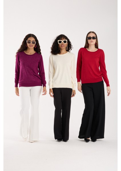 Kadın Ekru Elit Viskon Kumaş Taş ve Inci Detaylı Yuvalak Yaka Triko Bluz