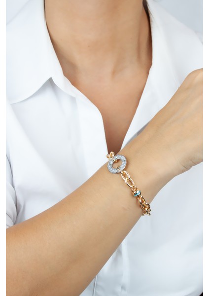 Zirkon Taşlı Halka Detay Gold Bileklik