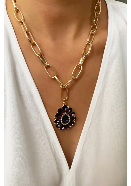 Mor Yakut Görünümlü Gold Kolye