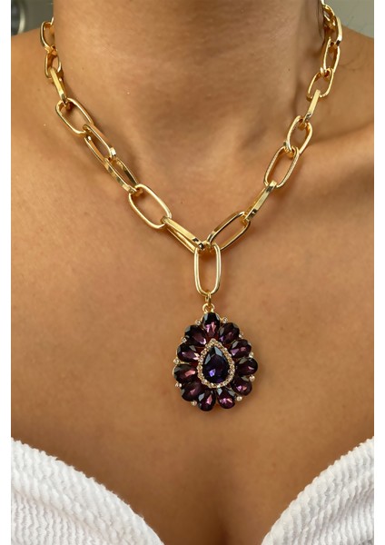 Mor Yakut Görünümlü Gold Kolye modelleri