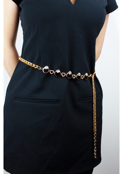 Taşlı Kalp Detaylı Gold Metal Kemer