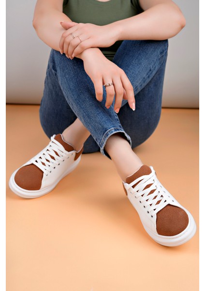 LC109 Beyaz Taba Süet Kadın Sneaker modelleri