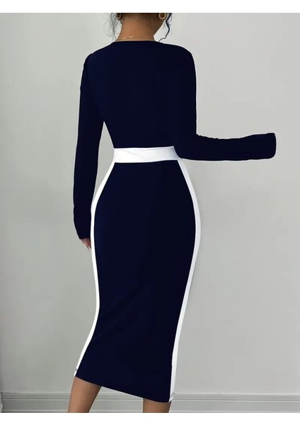 Kadın Uzun Kollu Geometrik Yaka Midi Ithal Krep Elbise fırsatları