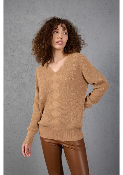 Kadın Bej Simli Selanik Örgü Baklava Desenli Geniş Manşetli V Yaka Triko Kazak fırsatları