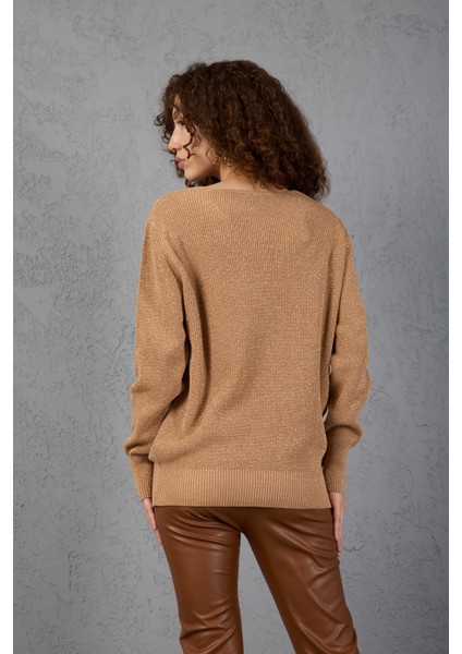 Kadın Bej Simli Selanik Örgü Baklava Desenli Geniş Manşetli V Yaka Triko Kazak indirimleri