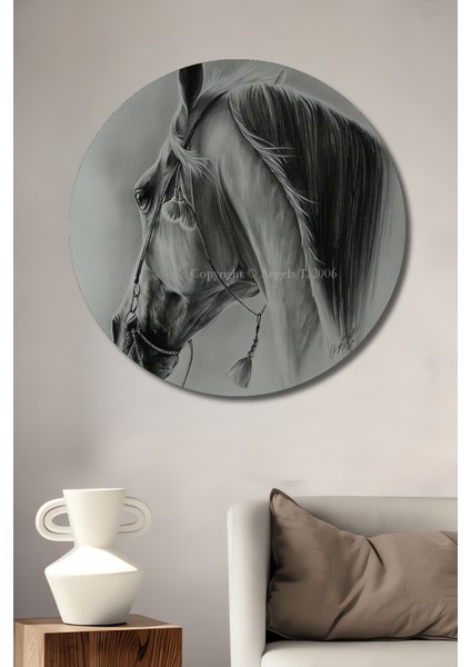 Beyaz Atın Zarif Yüzü Kara Kalem Görünümlü Dekoratif Ahşap Tablo Yuvarlak Tablo