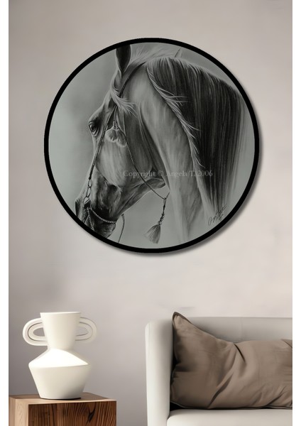 Beyaz Atın Zarif Yüzü Kara Kalem Görünümlü Dekoratif Ahşap Tablo Yuvarlak Tablo fiyatları