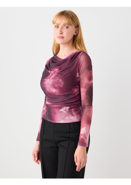 Gül Kurusu Dar Kesim Dökümlü Yaka Desenli Örme Mesh Bluz modelleri