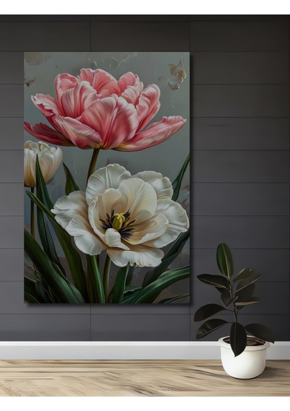 Romantik Lale Bahçesi Yağlı Boya Görünümlü Dekoratif Ahşap Tablo Dikdörtgen Tablo